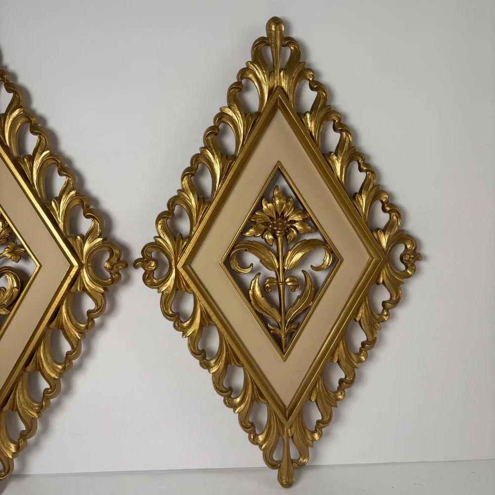 Syroco Floral Wall Art Set 2 14x8.5 Gold Diamond Hollywood‎ Regency MCM 4973